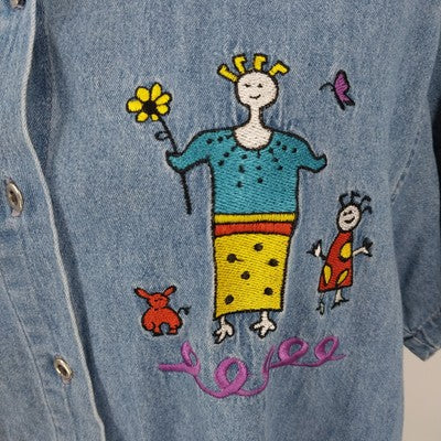 Very Important Pieces Women Denim Embroidered Whimsical Shirt Short Sleeve Large