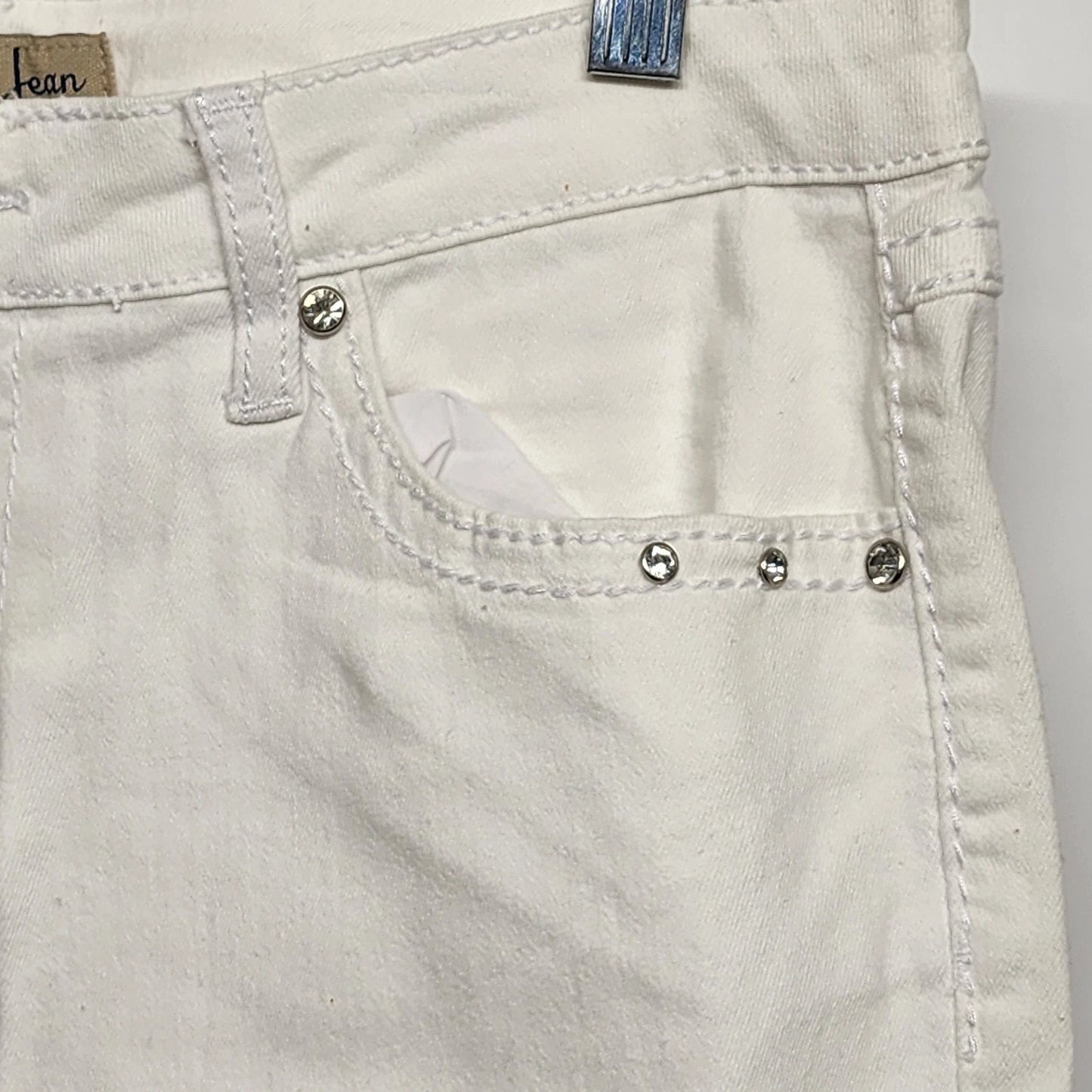 Earl Jean White Rhinestone Straight Leg Cuffed Denim Jeans 10