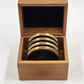 5 Solid Brass and Leather Coasters 4" with Wood Box Esther Price Candies Corp