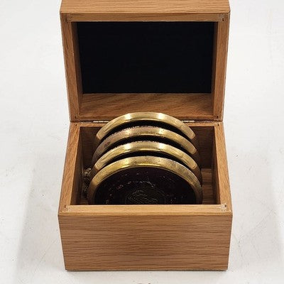 5 Solid Brass and Leather Coasters 4" with Wood Box Esther Price Candies Corp