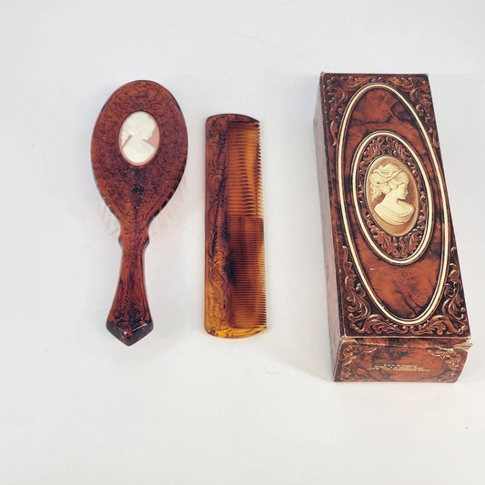 Avon Cameo Brush & Comb Vanity Set Faux Tortoise Shell Color Original Box NOS