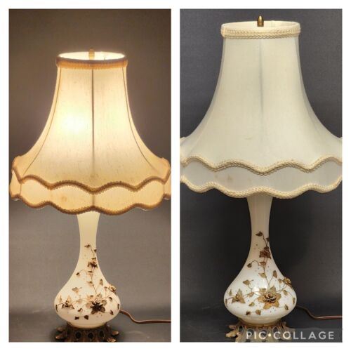 Milk Glass Brass Floral Table Lamp Cast Base 15" Silk Brocade Scallope Shade 11"