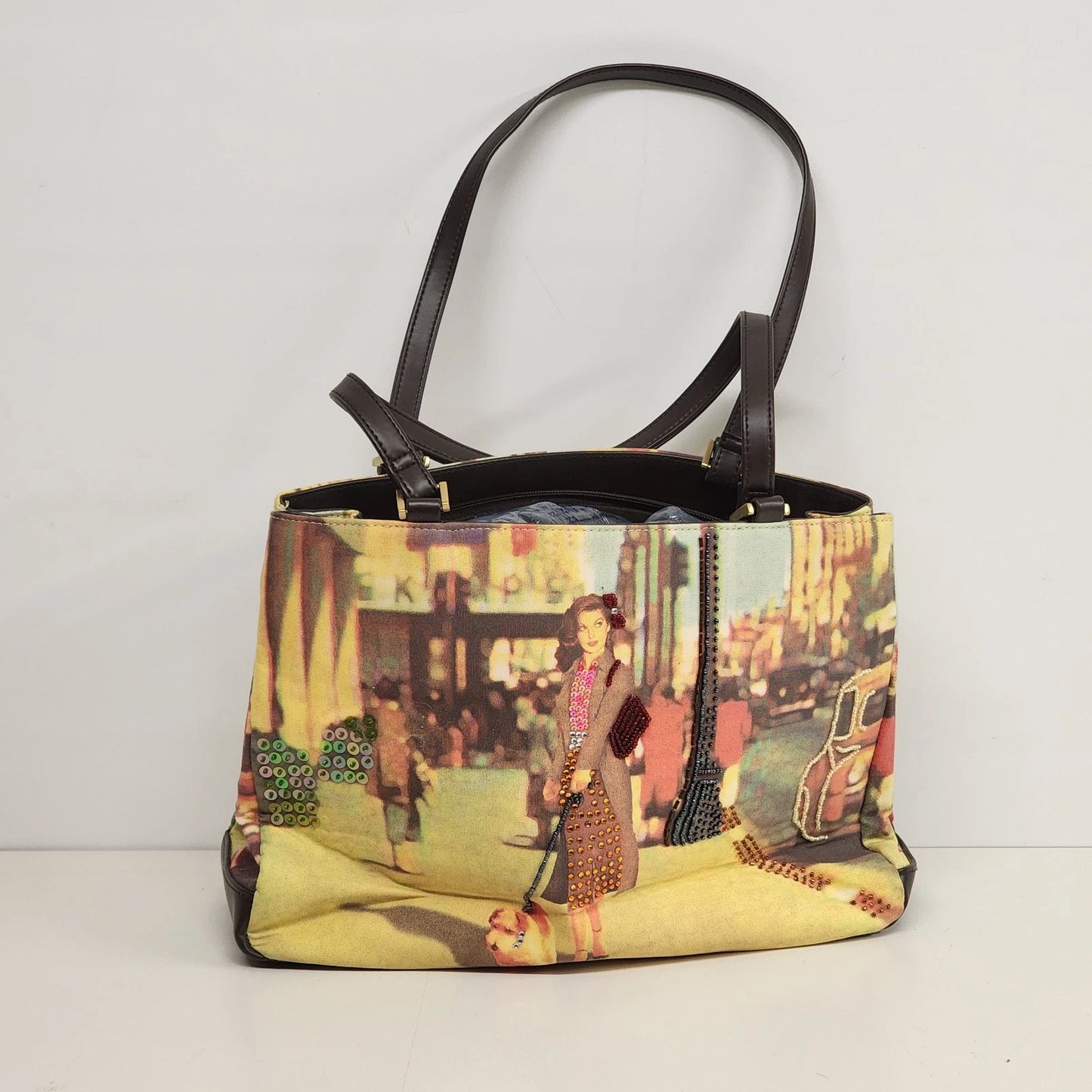 Artisan Canvas and Leather Tote Bag Lady on Boardwalk Graphic Art Purse Unique