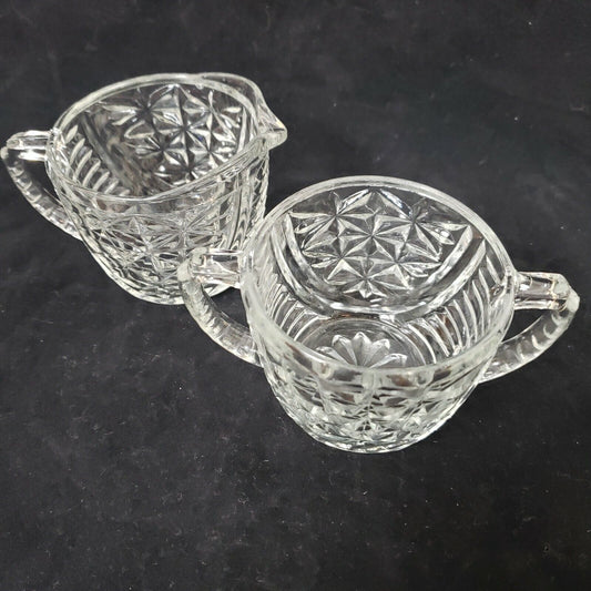 Anchor Hocking Stars & Bars Creamer & Sugar Bowl Open Clear Pressed Glass