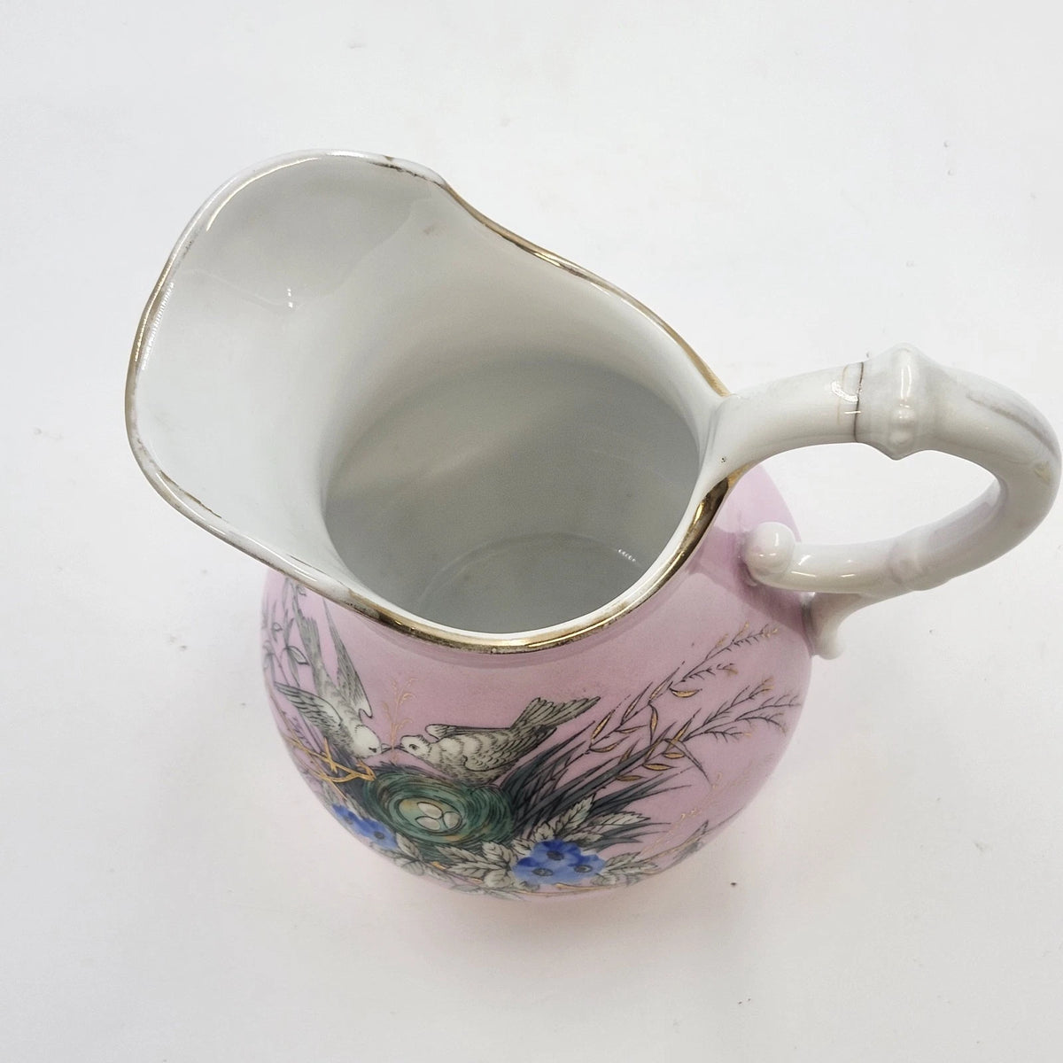 Pink Porcelain Creamer Pitcher Birds Nest Blue Flowers Gold Trim 6" Vintage