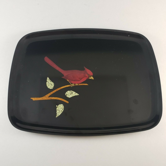 Unique Couroc of Monterrey Black Lacquer Tray with Red Cardinal Branch 12½”x 9½"