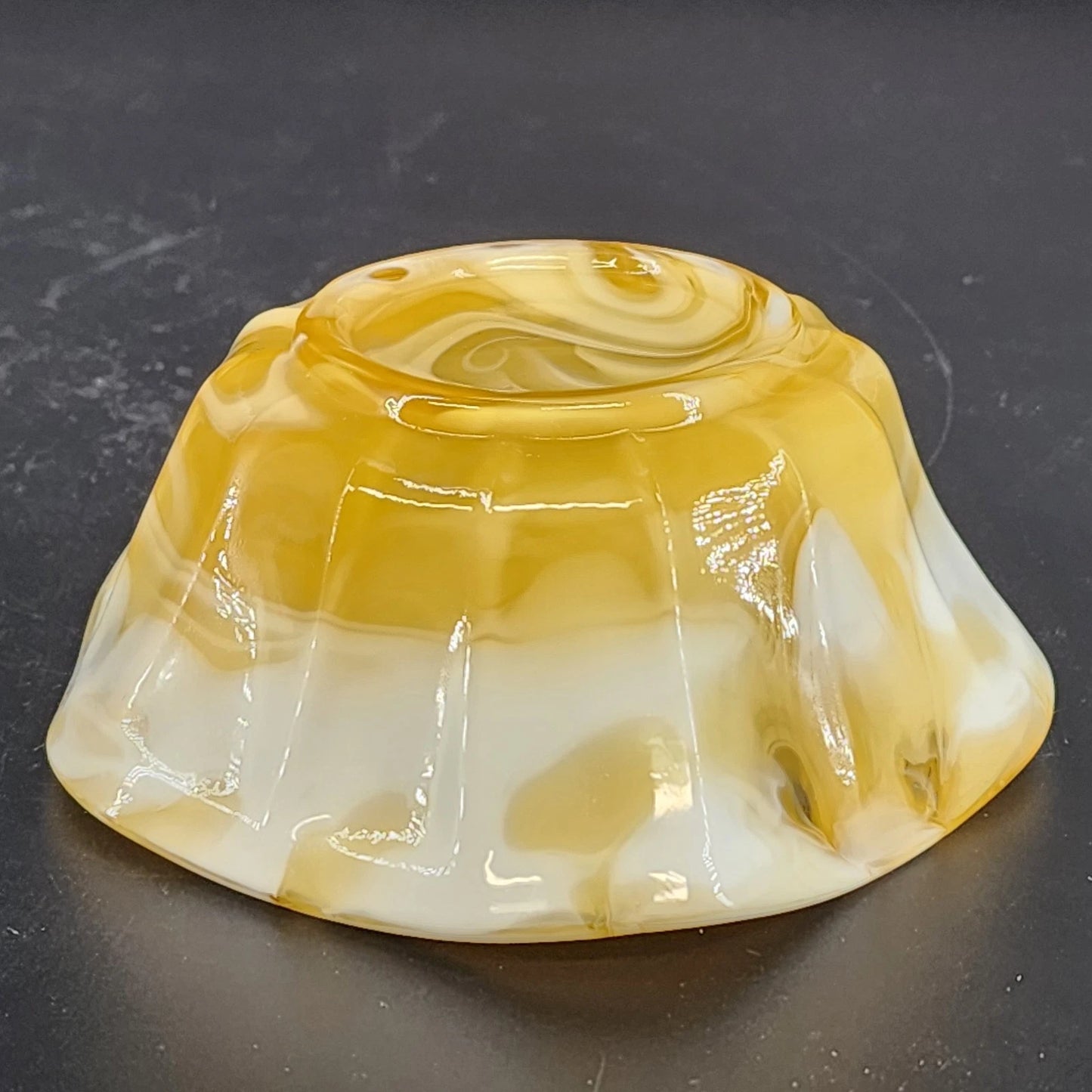 Akro Agate Caramel Slag Glass Bowl Scalloped Paneled Swirl