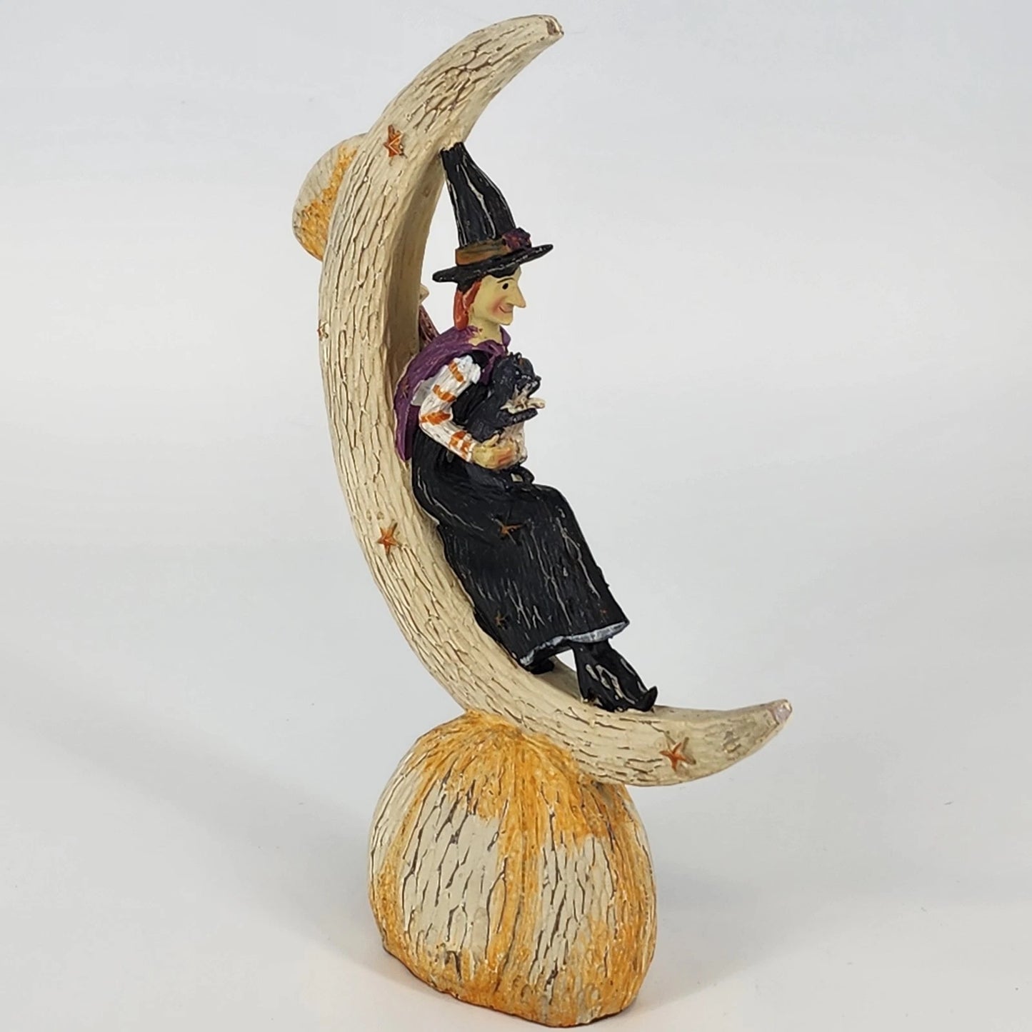 Halloween Witch w Broom & Cat on Crescent Moon Resin Figurine Jack O’ Lantern 9"
