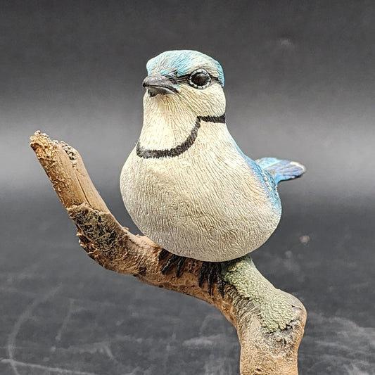 Molded Painted Blue Jay Bird Sculpture Resin 5.5" Perched On Branch Figurine Vtg