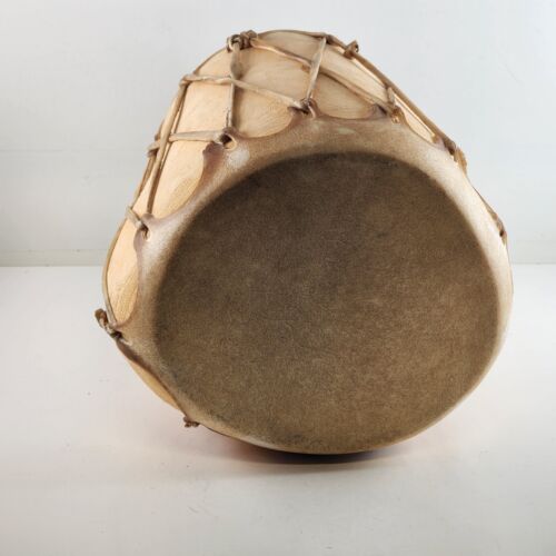 Native American Log Wood Drum & Beater Stretched Raw Hide Skin No Tree Bark Vtg