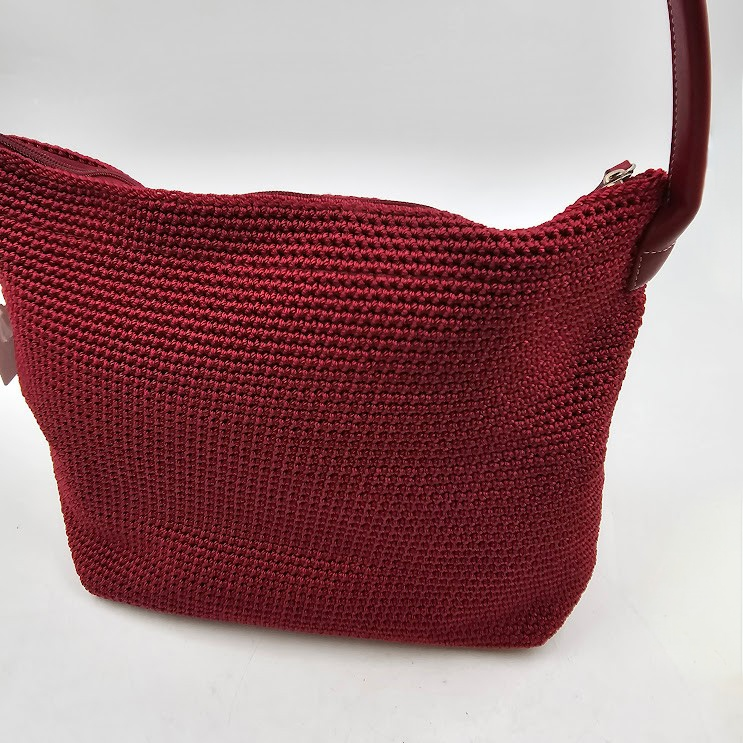 The Sak Red Woven Crochet Shoulder Bag Purse Leather Strap 12"x10"x6" Vintage