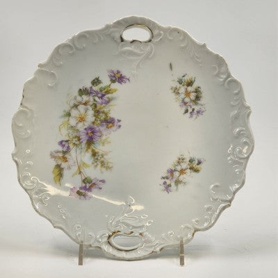 White Porcelain Platter Purple Floral Scalloped Edge Handles 9.5"