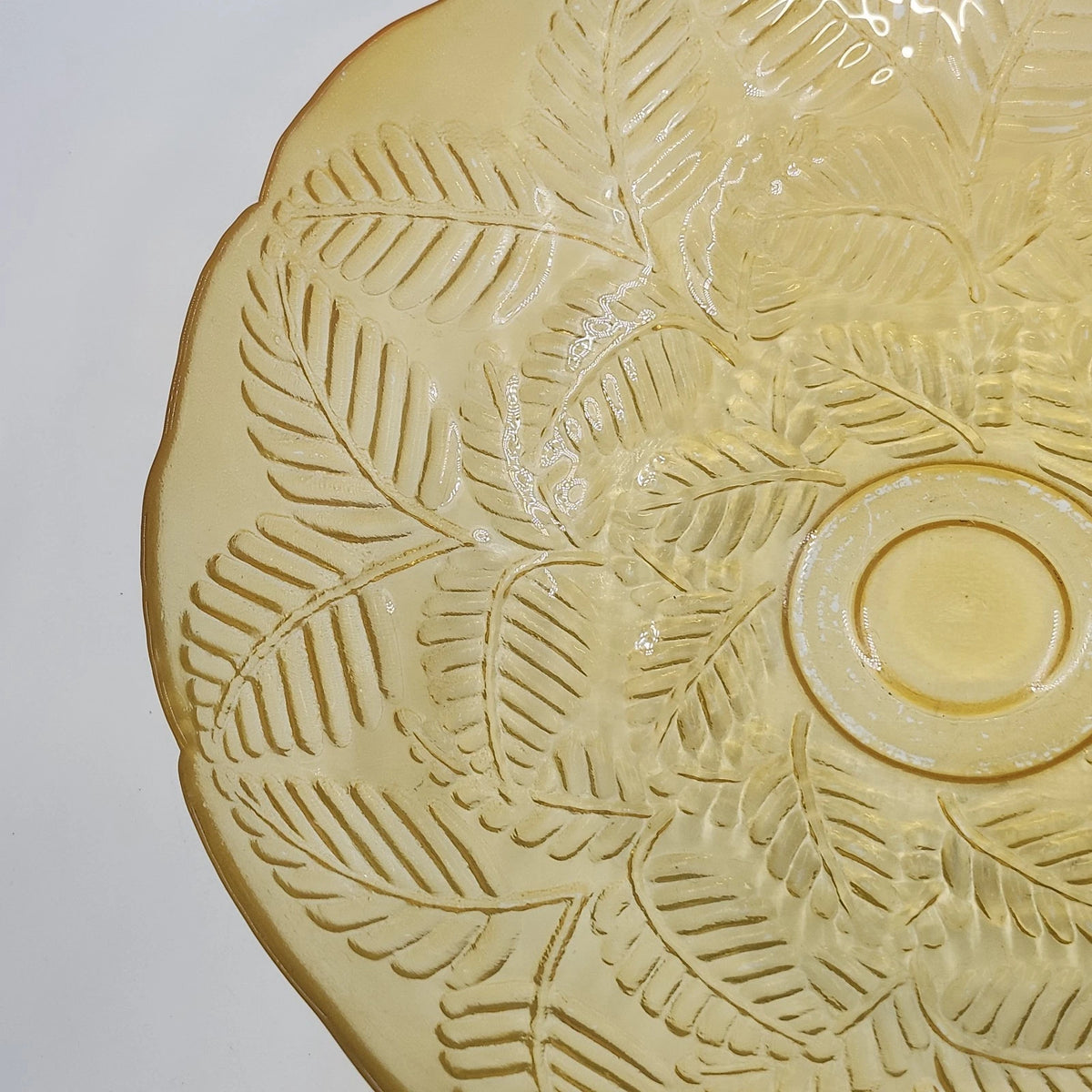 Amber Glass Serving Bowl Embossed Fern Leaf Pattern Scalloped Rim 13" Vintage