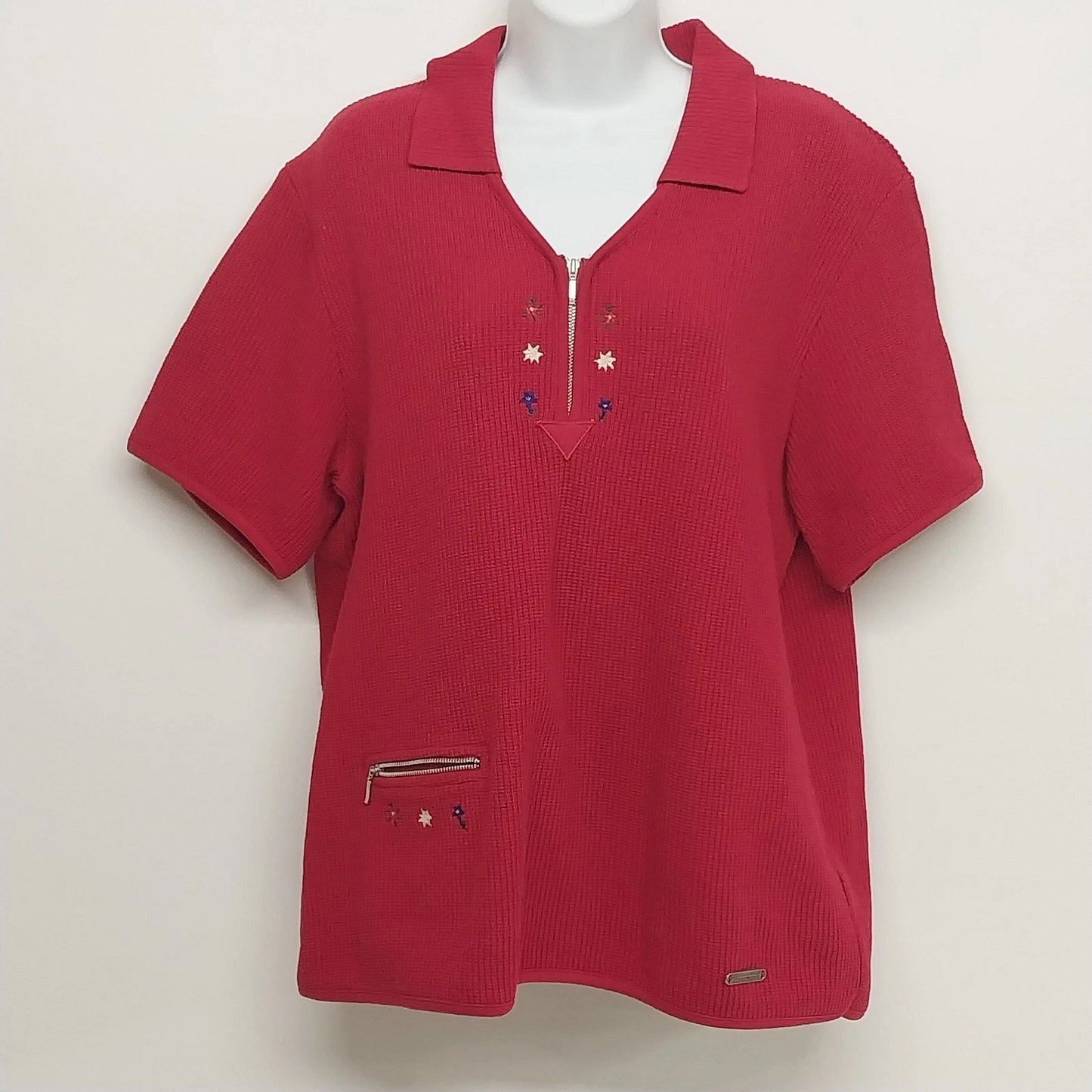 Hammerschmid Womens Red Cotton Knit Quarter Zip Short Sleeve Collared Top Size L