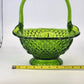 Vintage Fenton Green Glass Basket Diamond Fruit Ruffled Edge Bowl