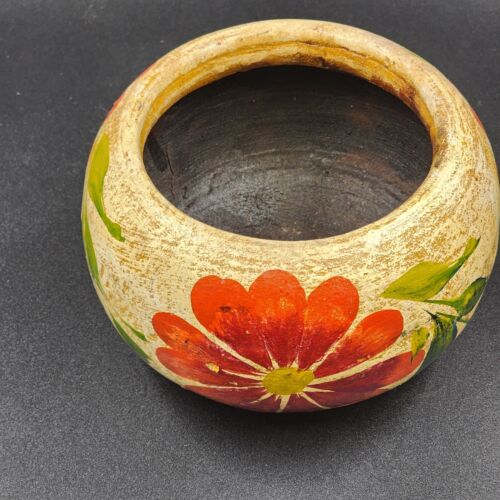 Mexican Clay Pot Terracotta Planter Art Pottery Floral Hand Painted Vintage 4"h