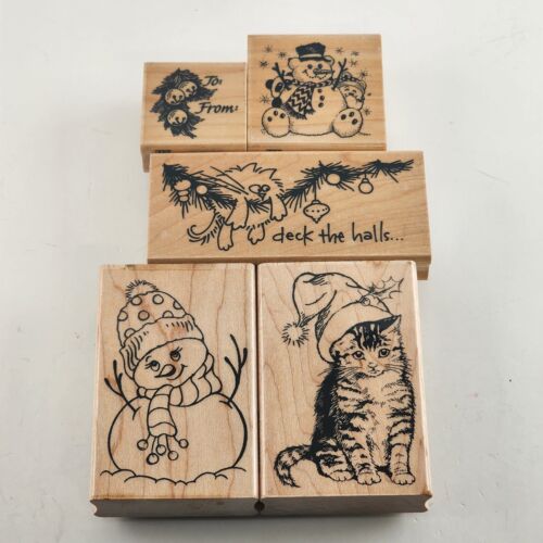 Lot of 5 Winter Snowman & Animal Design Wooden Mounted Rubber Stamps Vintage