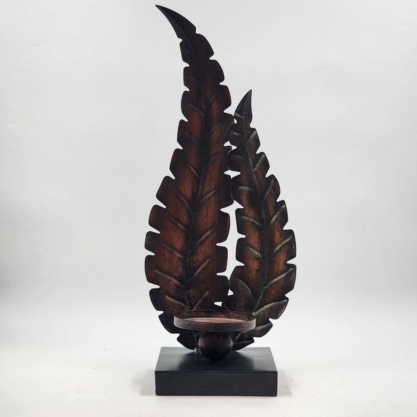 Metal Fern Floral Leaf Candle Holder Brown Holds Large 4" Pillar 19.5" Decor