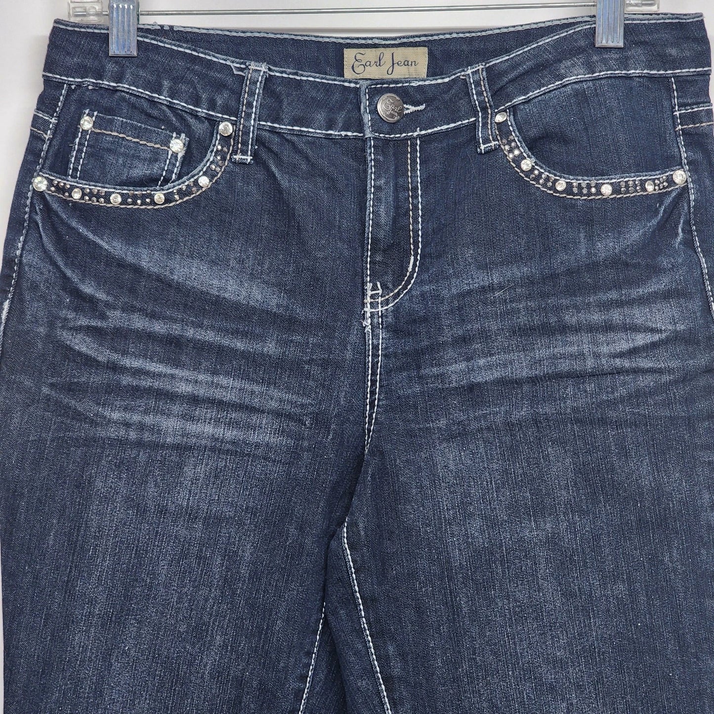 Earl Jean Women's Denim Jeans Dark Blue Bedazzled Rhinestone Pockets Inseam 31"