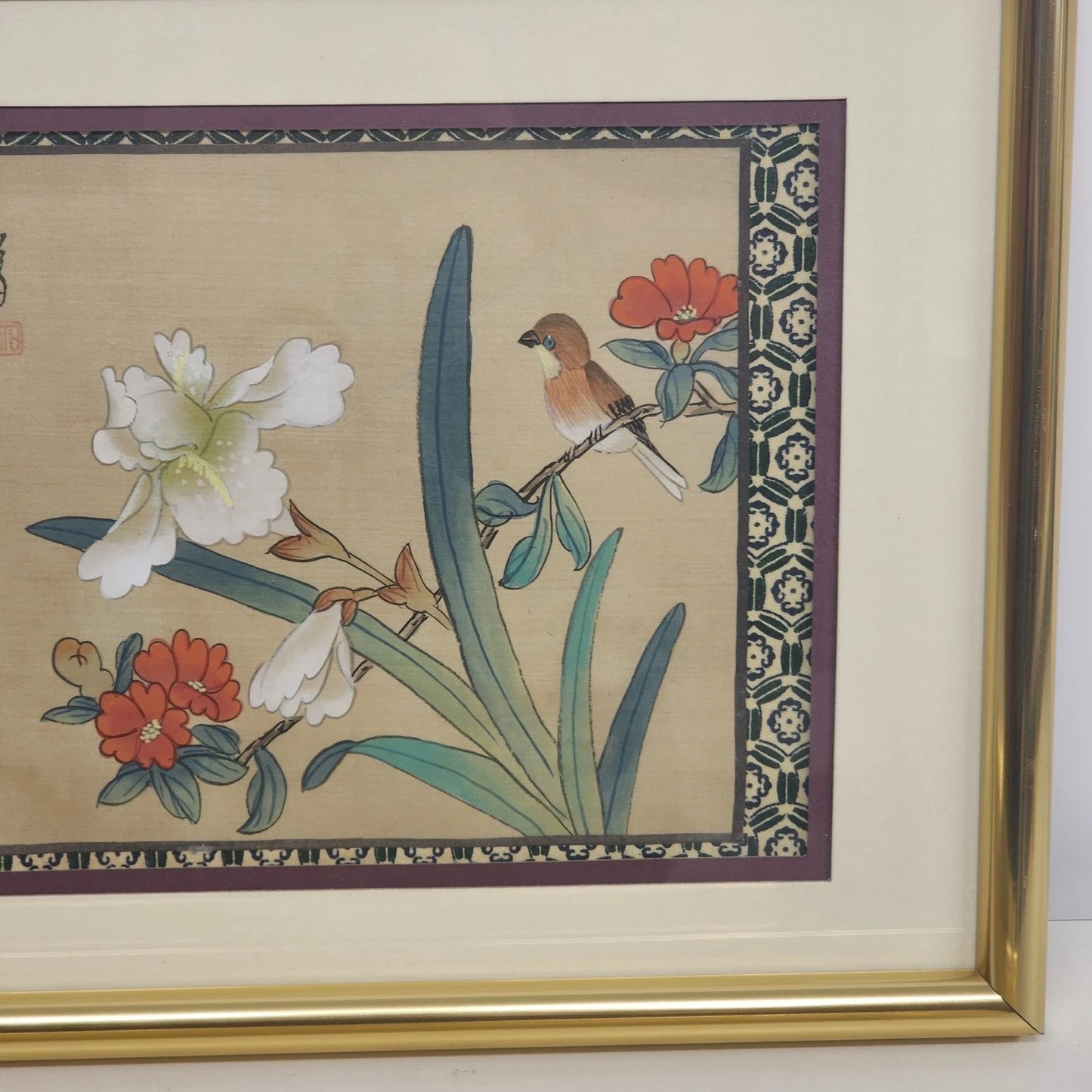 Pair Chinese Silk Paintings Birds Flowers Gold Frame 14x11 Vintage Wall Art