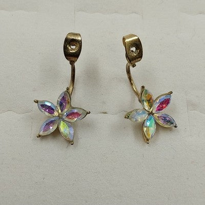 Gold Tone with Iridescent Faceted Rhinestone Flower Shape Earring Jacket Jewelry