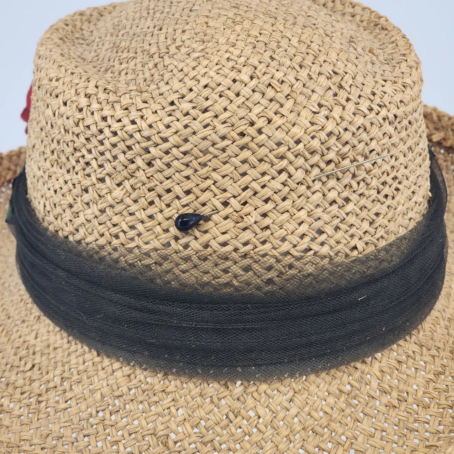 Eric Javits Luxury Squishee Sun Hat Beige Packable Woven Rose Brim Hatpin Vtg