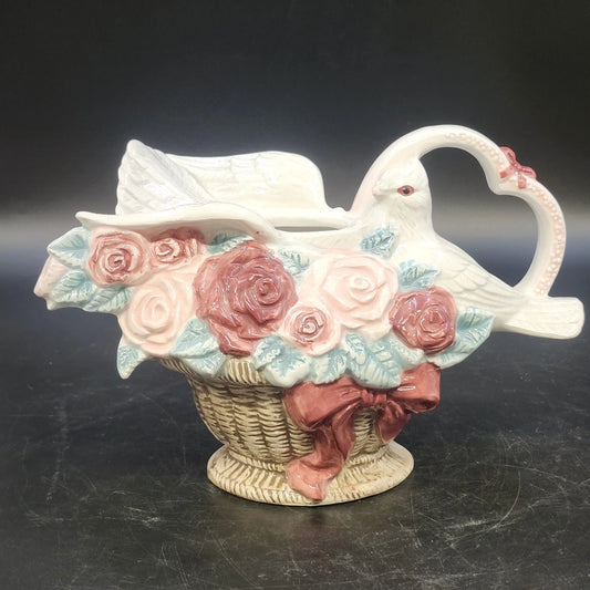 Ceramic Dove Teapot Vase Roses Woven Basket Heart NO LID 9.25" Taiwan Vintage