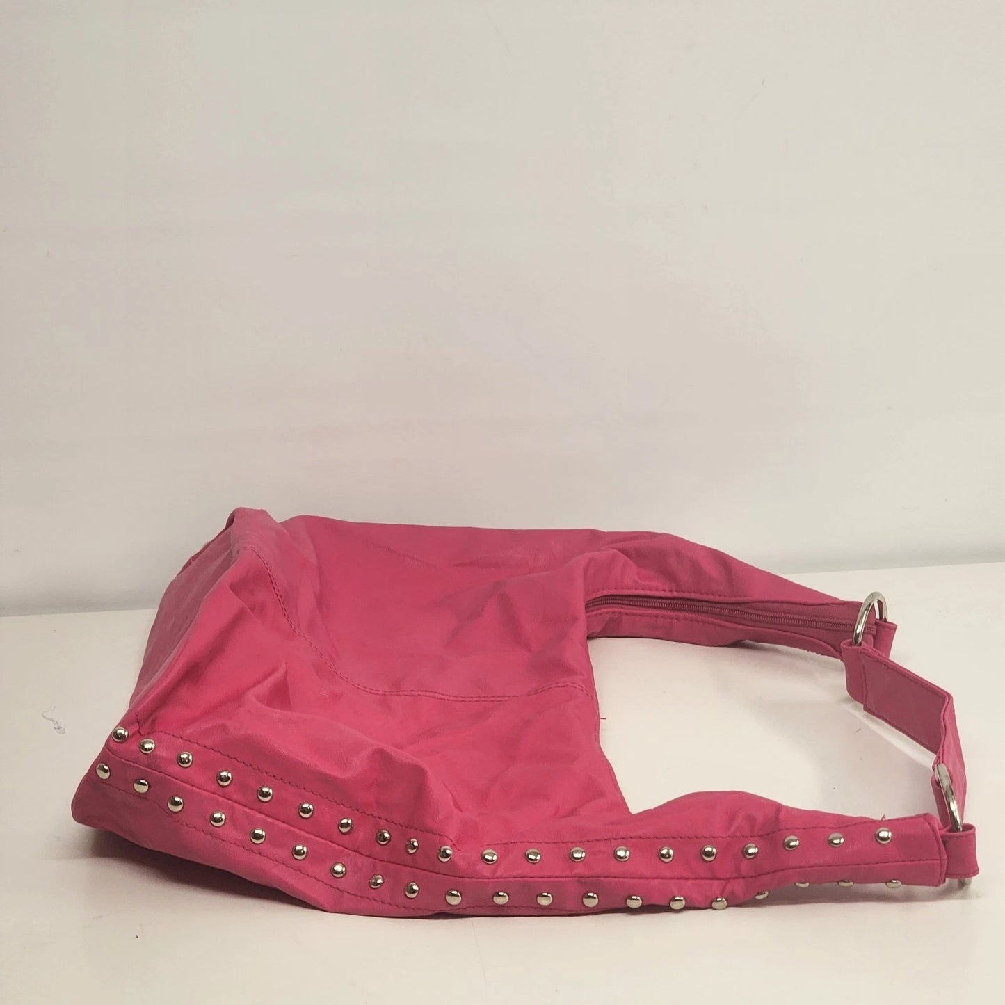 Pink Leather Hobo Bag Studded Hand Shoulder Purse Silver Studs Slouchy 12" Vtg