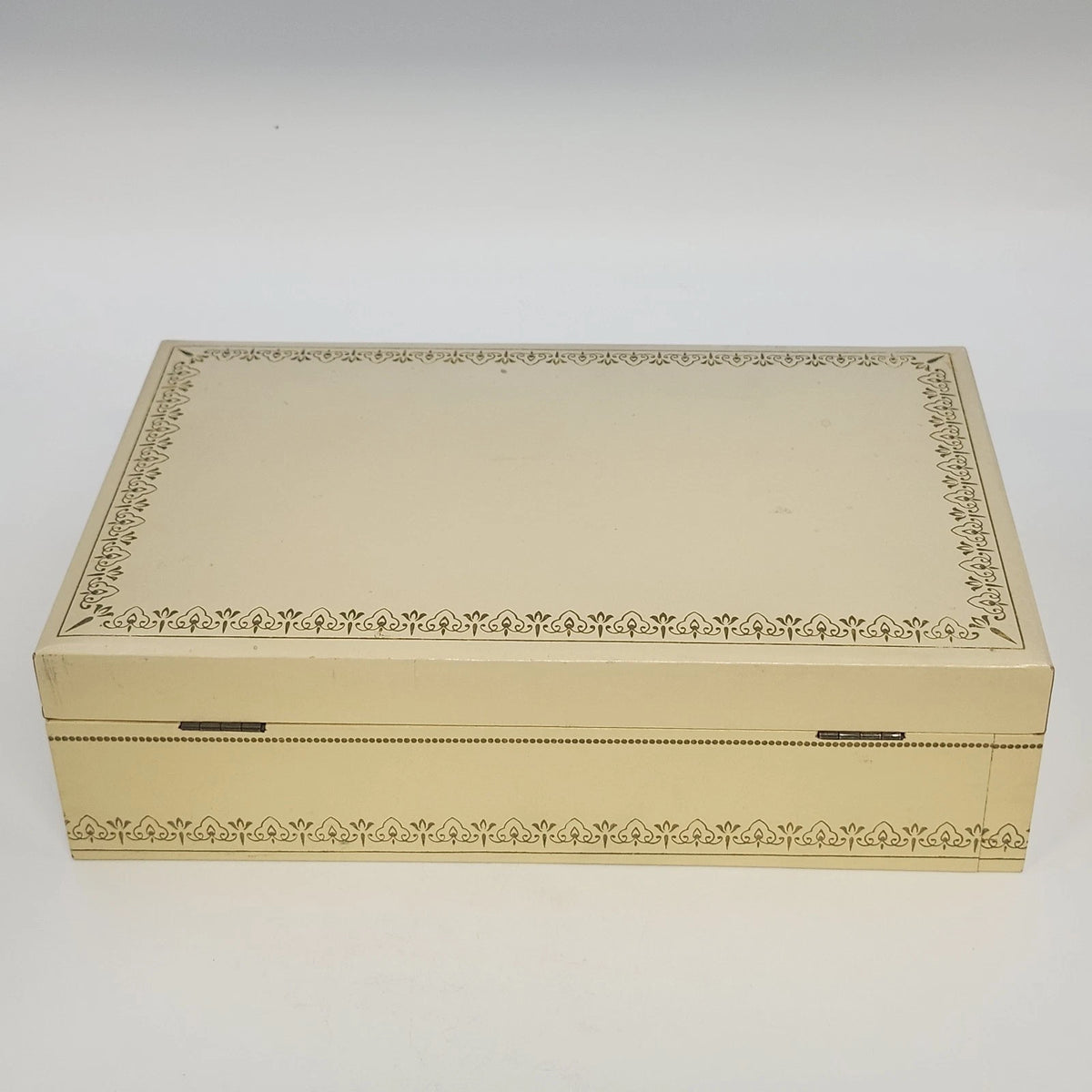 Jewelry Trinket Box Cream Gold Filigree Red Velvet Satin Lift Out Tray 12.5" Vtg