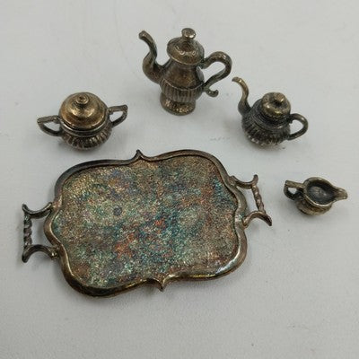 6pc Miniature Tea Set 1:12 Dollhouse Silver Vintage Decor 1.5"