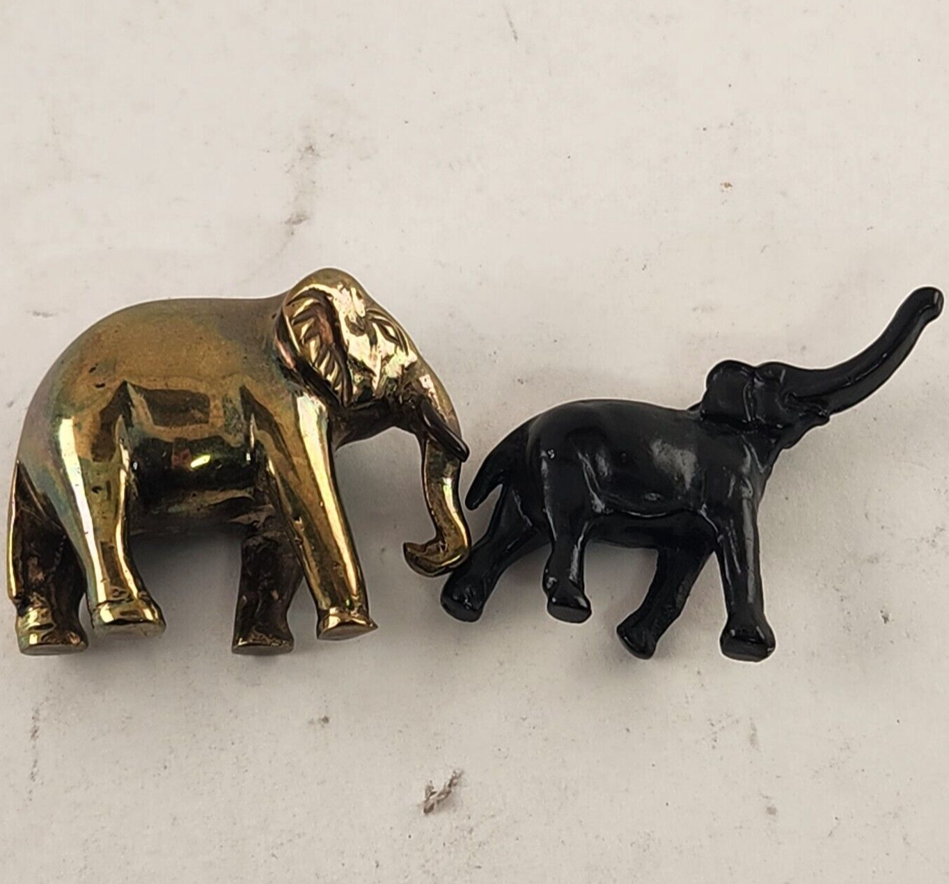 2 Metal Elephants Miniature Black & Brass Good luck Figure Statue Truck Up Down