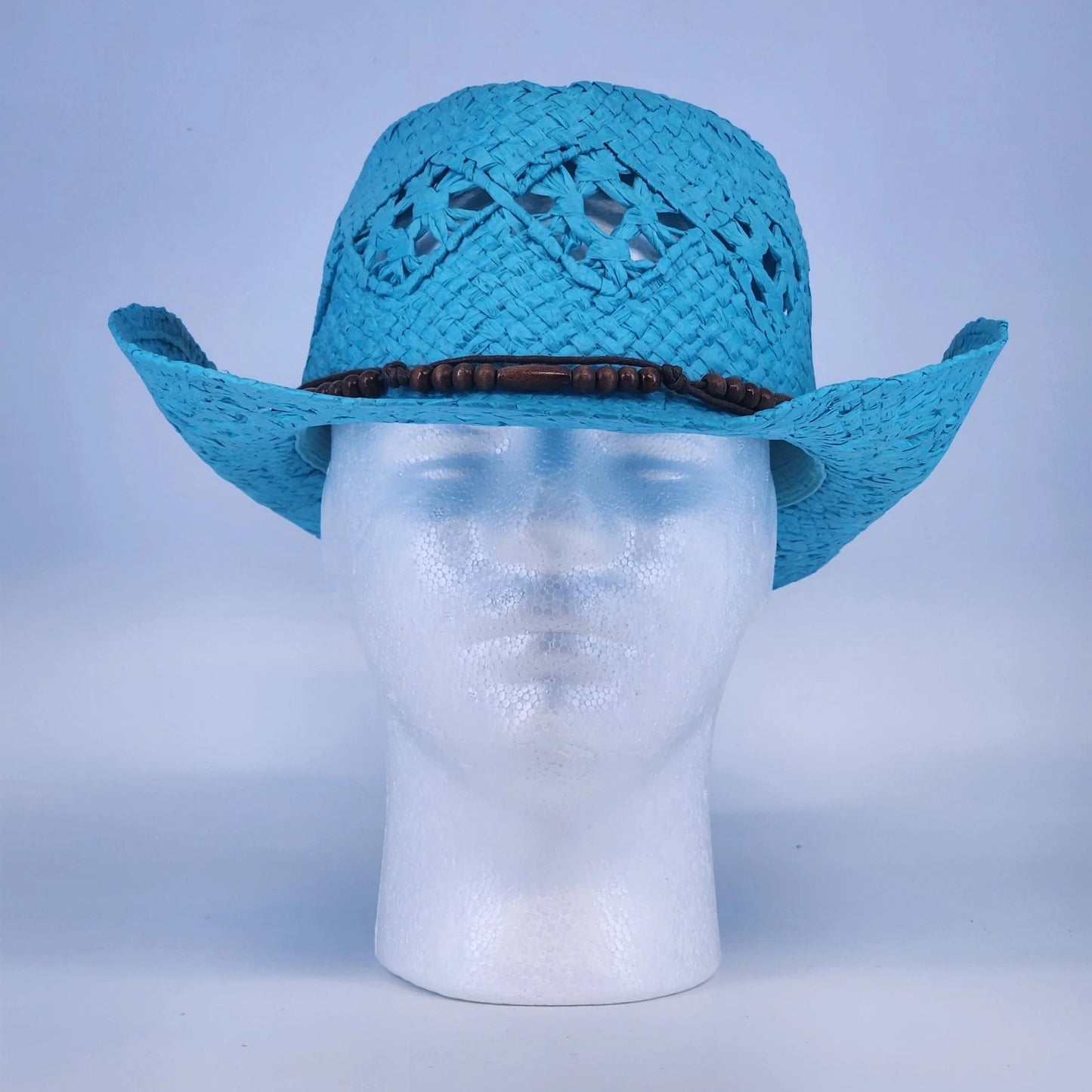 Something Special Turquoise Cowboy Hat Paper Straw Open Weave Brown Beads Boho