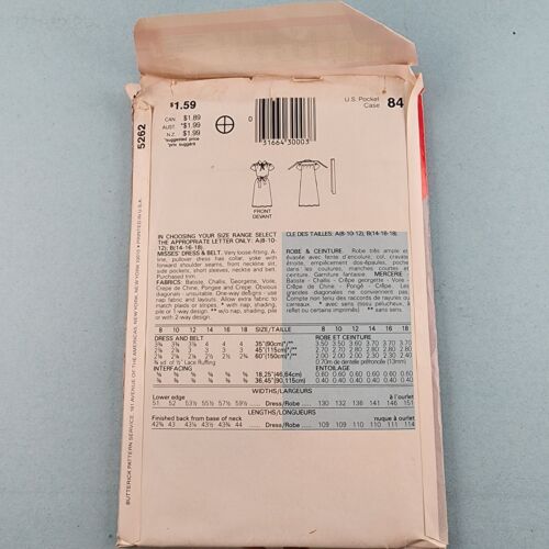 Butterick See & Sew 5262 Vintage Sewing Pattern Misses Dress and Belt Sz B 14-18
