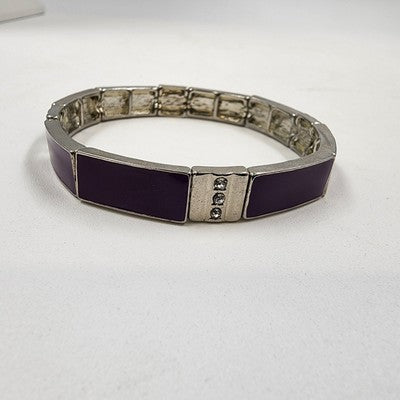 Silver Tone Purple Enamel Rhinestone Link Stretch Bracelet 3" Rectangle