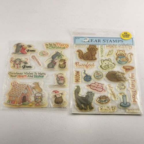 Lot of 2 NOS Holiday And Kitty Themed Clear Unmounted Stamps Vintage