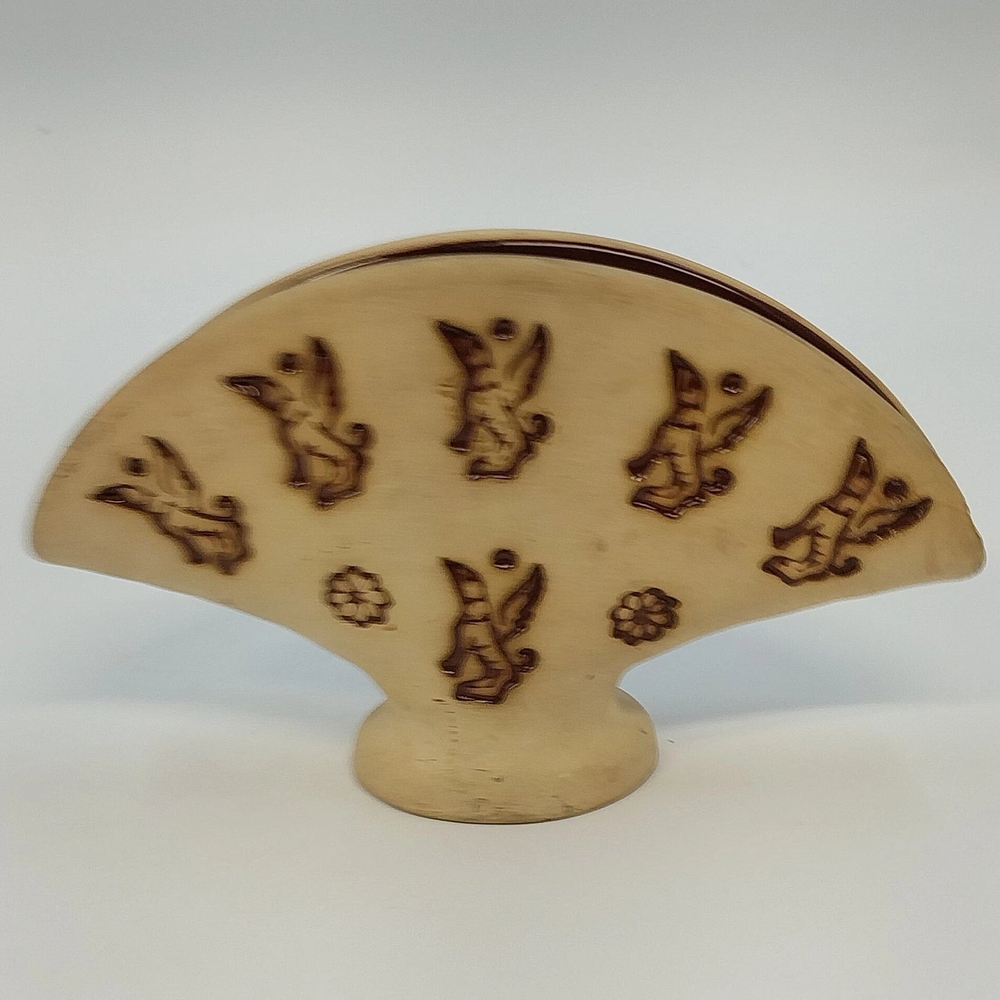 Pottery Napkin Holder Flying Winged Dog Motif Beige Brown Fan Shape 6.5" Repair