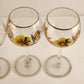 Romanian Wine Decanter Lid & 4 Stemmed Glasses Hand Painted Pansies Butterflies