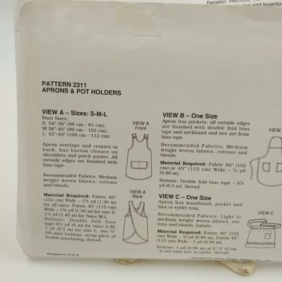 Kwik Sew 2311 Vintage Sewing Pattern Uncut 1993 Adult Aprons SML & Pot Holders