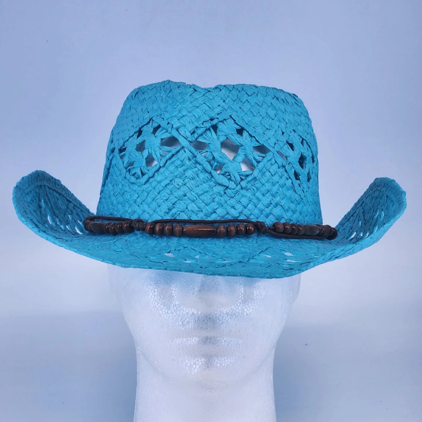 Something Special Turquoise Cowboy Hat Paper Straw Open Weave Brown Beads Boho