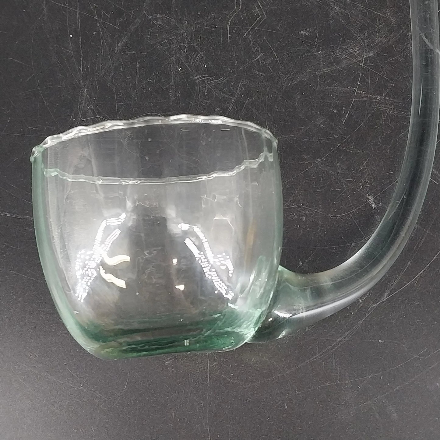 Hand Blown Glass Punch Bowl Ladle Green Tint Curved Handle 9in Large Dipper Vtg