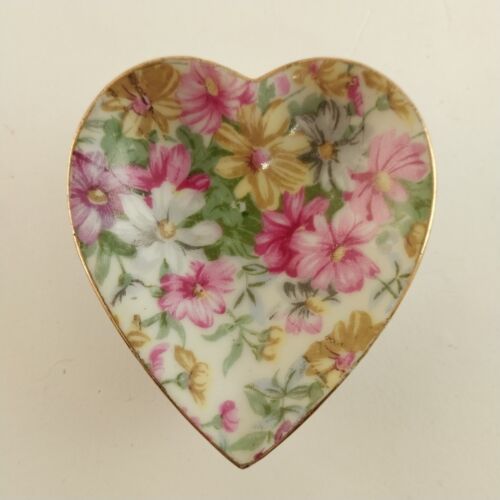 NikoNiko Heart Trinket Tray Butter Pat Floral Dish Japan Gold Trim Hand Painted