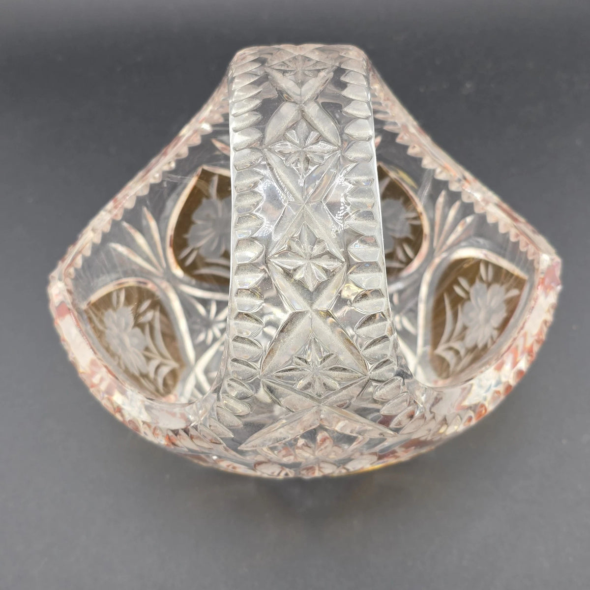 Cut Crystal Basket Amber Cut to Clear Etched Floral Handled 6" Vintage