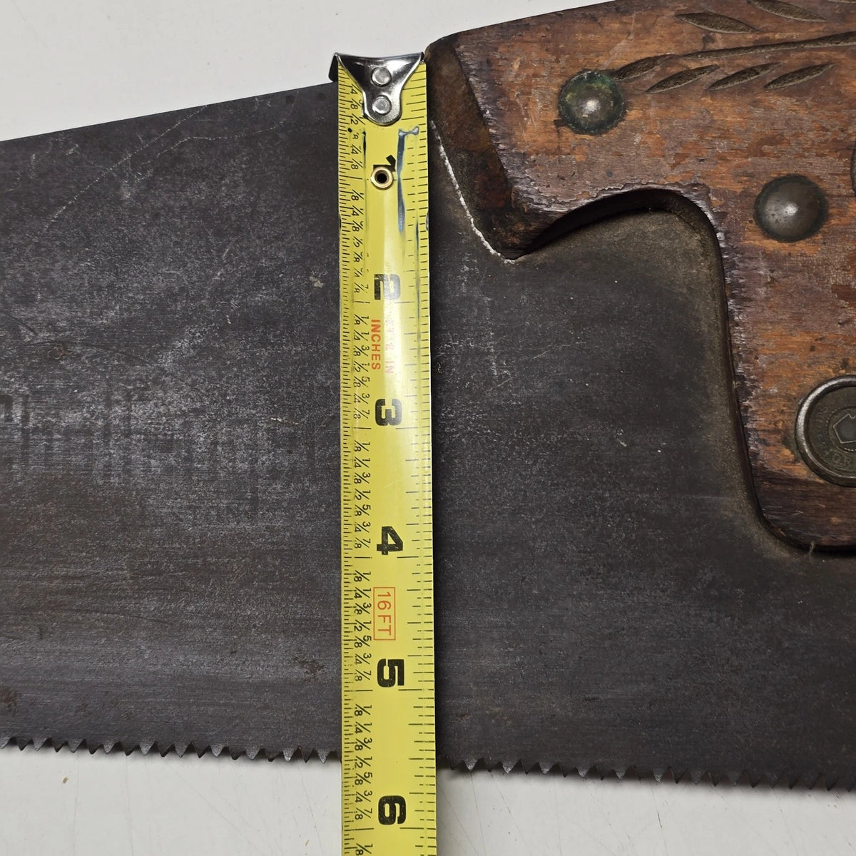 Warranted Superior 26" Crosscut Hand Saw Wheat Carved Wood Handle Vintage