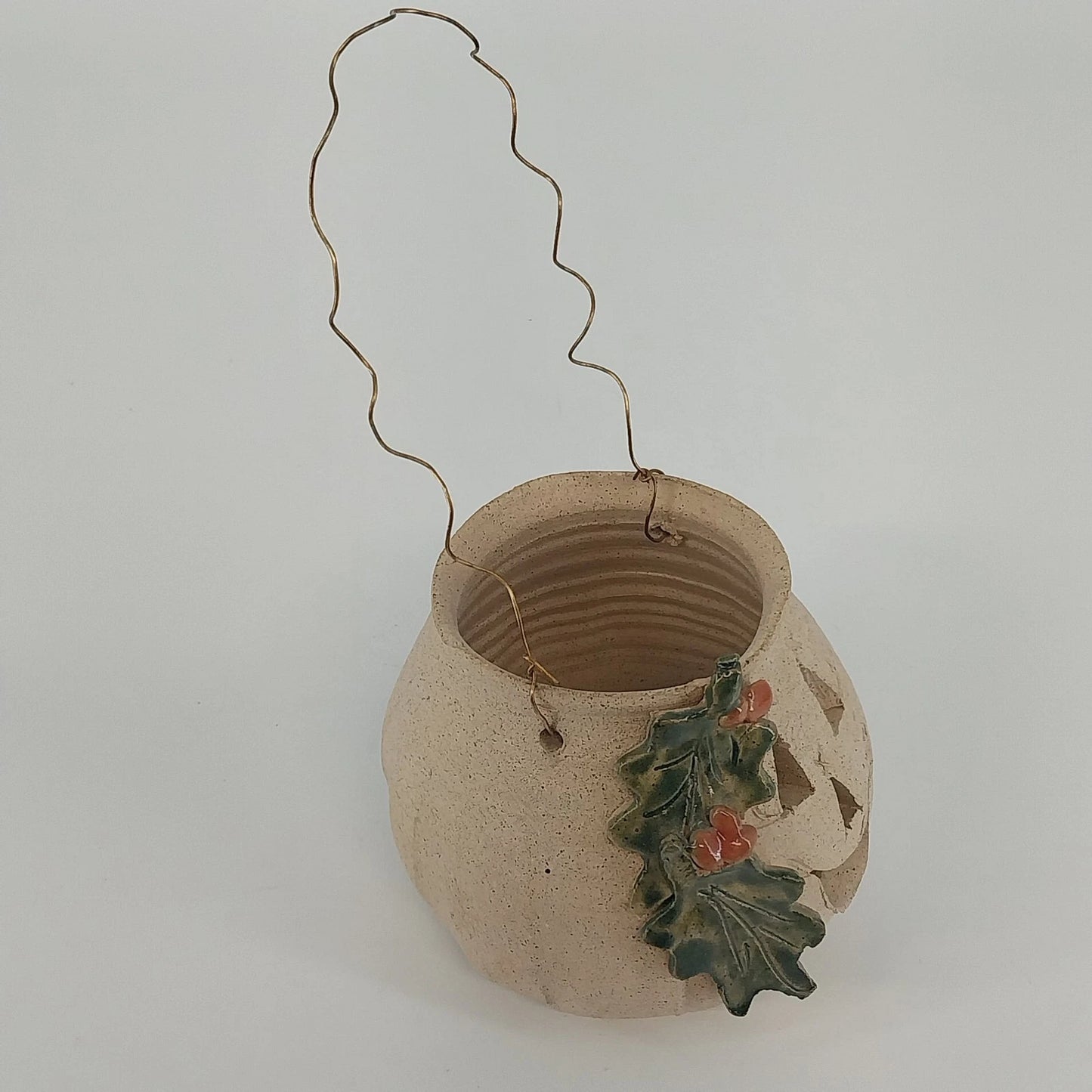 Handmade Studio Pottery Jack O Lantern Holly Candle Luminary 4" Vintage