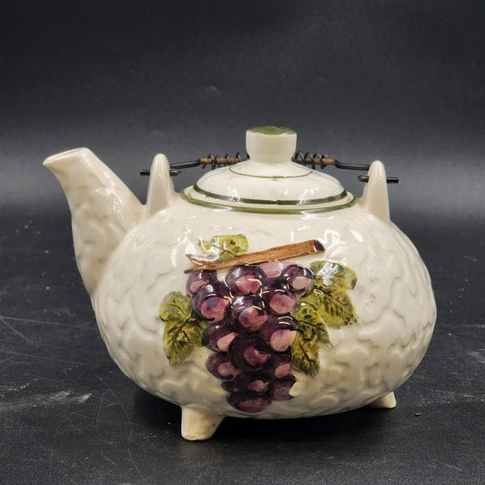 Embassy White Ceramic Teapot 36 Oz Footed with Grapevine Metal Handle 1963 Vtg