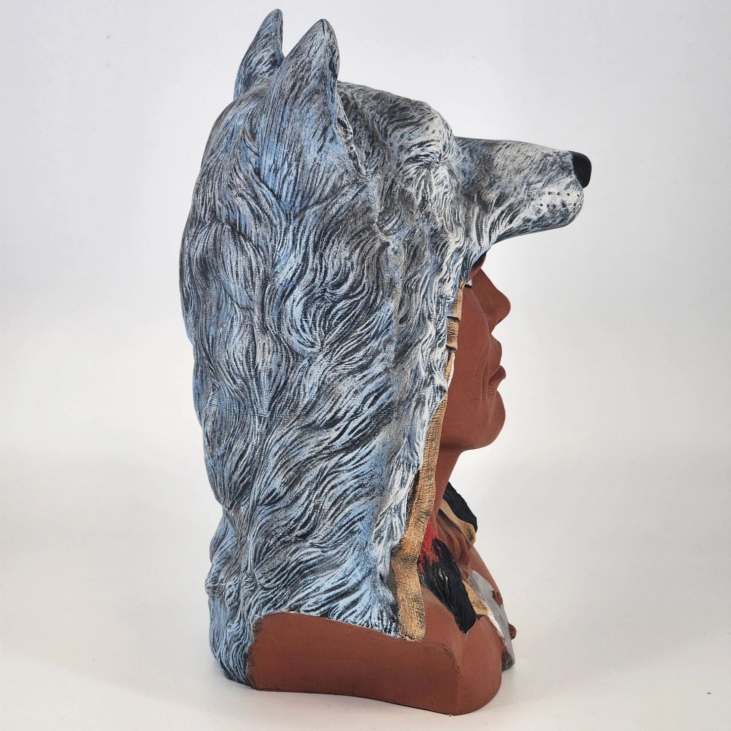 Native American Style Ceramic Bust Wolf Headdress Statue 11.5" Large Crystalline