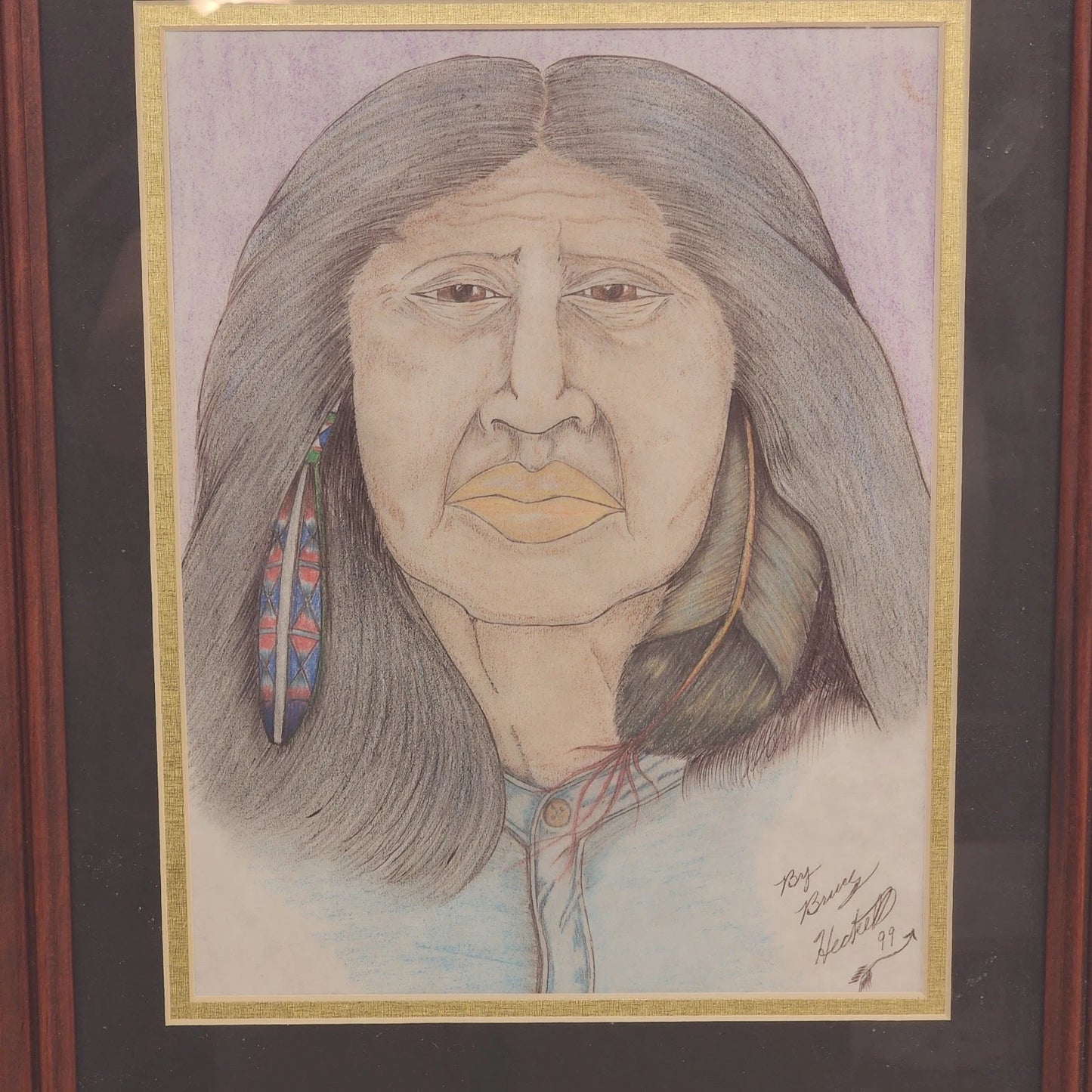 Bruce Heckel Pencil Drawing Native American Feather Earring Signed Art