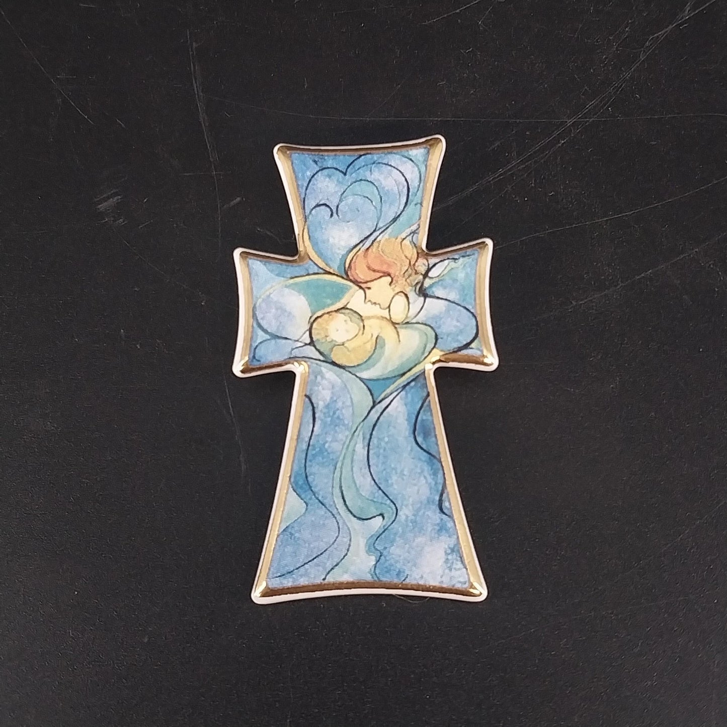 P Buckley Moss Millennium Cross Ceramic Pin Pendant Brooch 2" in Case 1999 Vtg