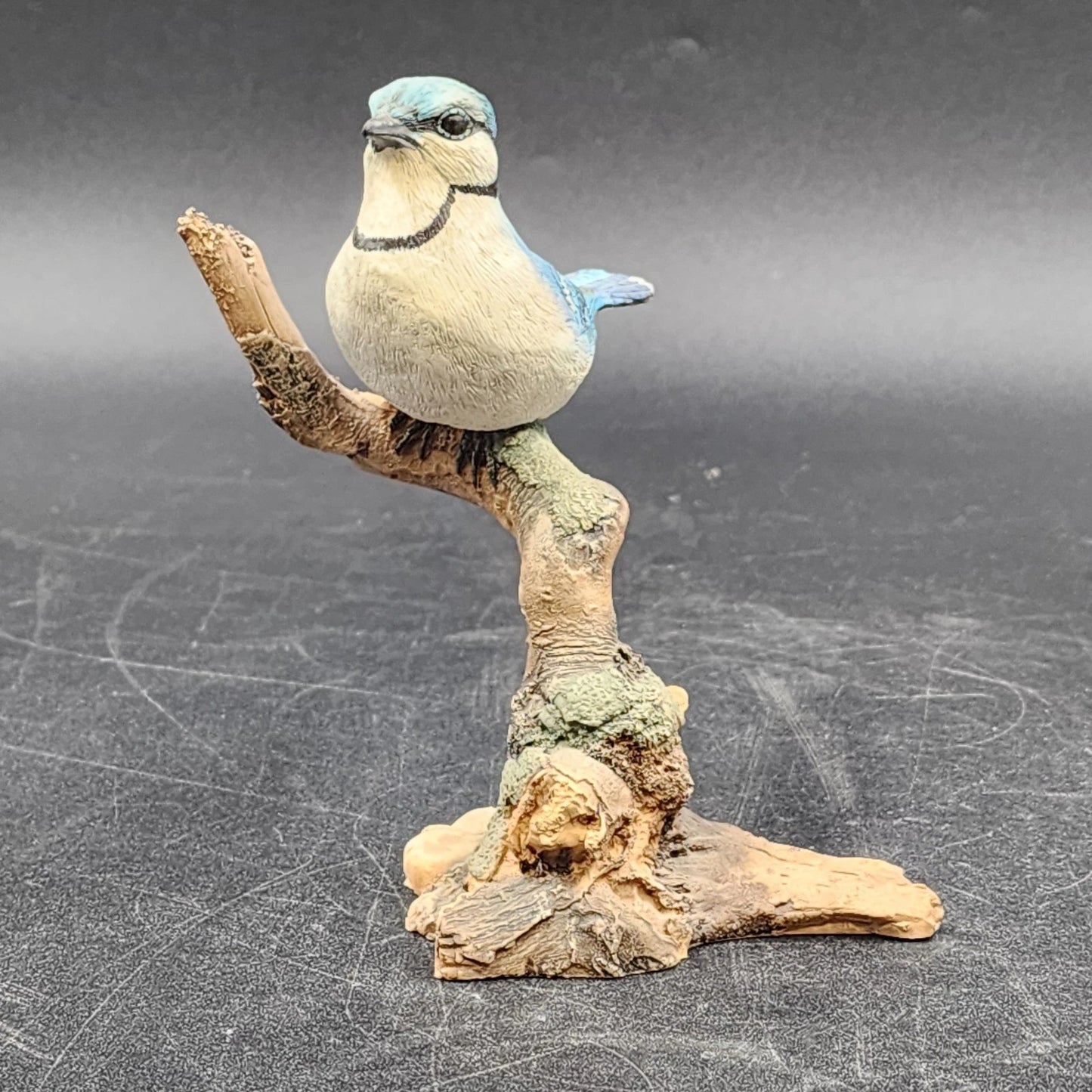 Molded Painted Blue Jay Bird Sculpture Resin 5.5" Perched On Branch Figurine Vtg