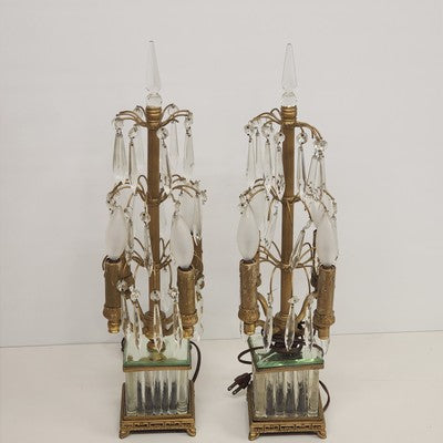 2 Gilt Brass Candelabra Table Lamps Antique Drop Crystal Prisms 4 Candle Lights